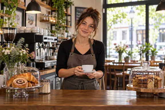 A café counter with a server, from a Baulingo lesson.